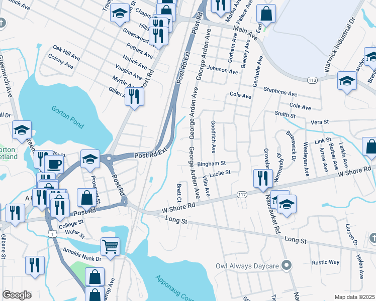 map of restaurants, bars, coffee shops, grocery stores, and more near 29 Mary Beth Drive in Warwick