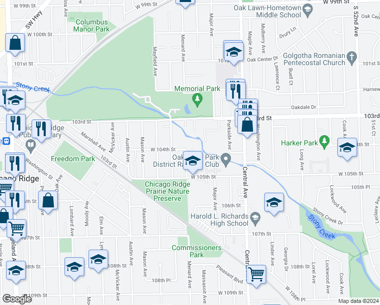 map of restaurants, bars, coffee shops, grocery stores, and more near 10355 Menard Avenue in Oak Lawn