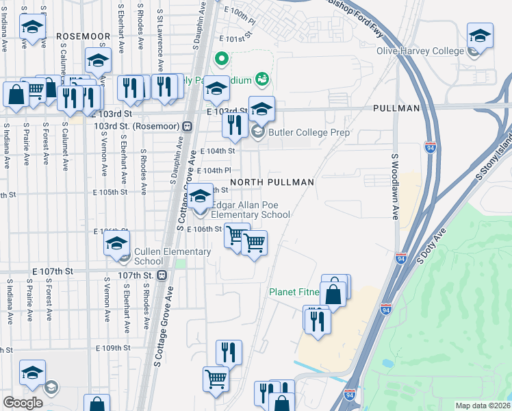 map of restaurants, bars, coffee shops, grocery stores, and more near 10524 South Maryland Avenue in Chicago