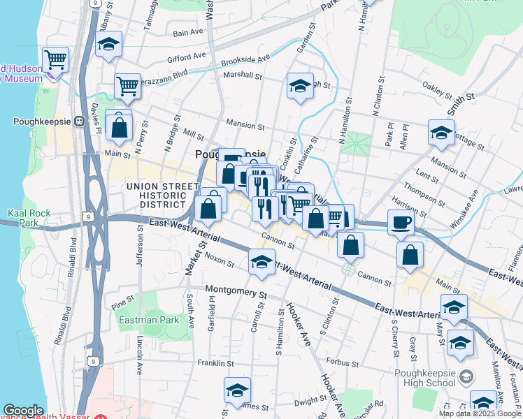 map of restaurants, bars, coffee shops, grocery stores, and more near 331 Main Mall in Poughkeepsie