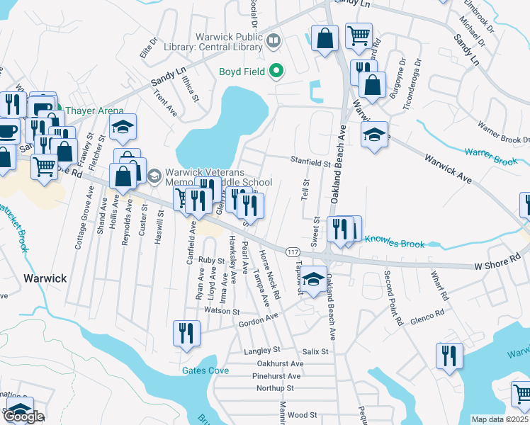 map of restaurants, bars, coffee shops, grocery stores, and more near 86 Yates Avenue in Warwick