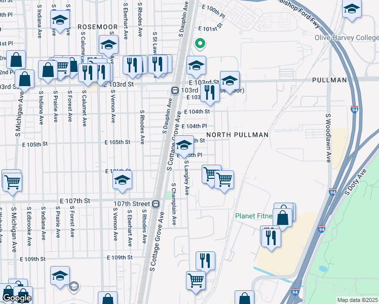 map of restaurants, bars, coffee shops, grocery stores, and more near 670 East 105th Place in Chicago