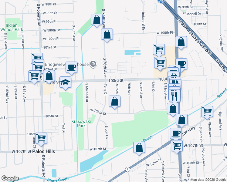 map of restaurants, bars, coffee shops, grocery stores, and more near 10330 South 75th Court in Palos Hills