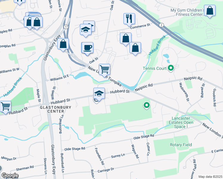 map of restaurants, bars, coffee shops, grocery stores, and more near 371 Hubbard Street in Glastonbury