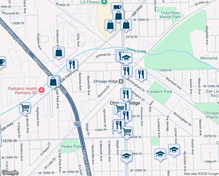 map of restaurants, bars, coffee shops, grocery stores, and more near 10345 Barnard Drive in Chicago Ridge