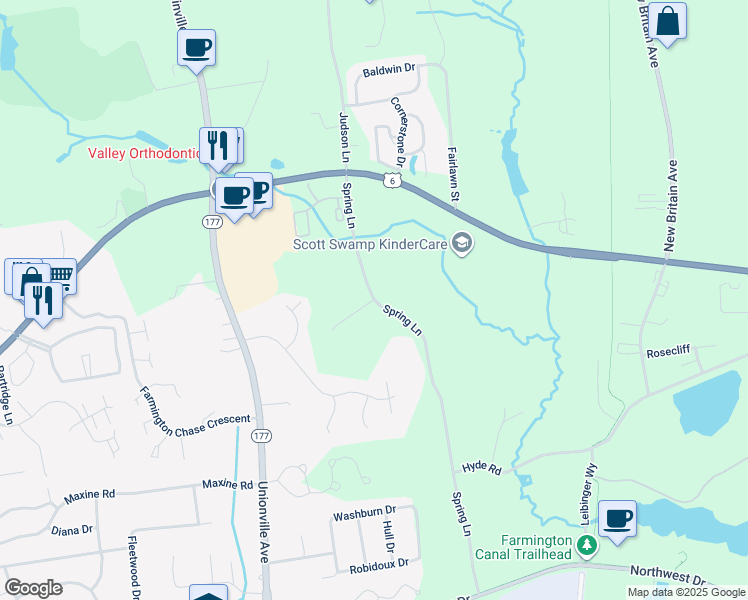 map of restaurants, bars, coffee shops, grocery stores, and more near 1 Right Lane in Farmington