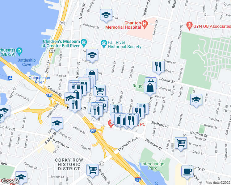 map of restaurants, bars, coffee shops, grocery stores, and more near 2 Grove Street in Fall River