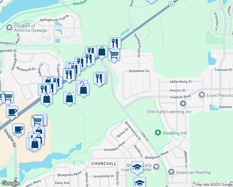map of restaurants, bars, coffee shops, grocery stores, and more near 750 Fifth Street in Oswego