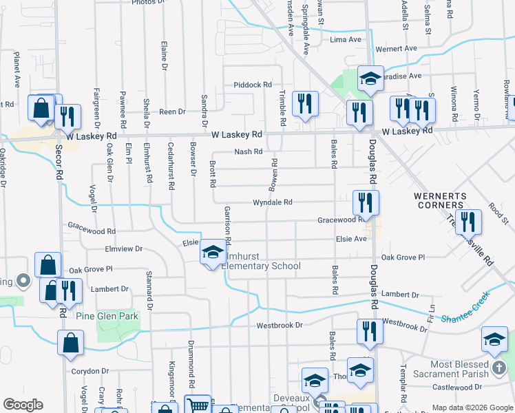 map of restaurants, bars, coffee shops, grocery stores, and more near 2821 Wyndale Road in Toledo