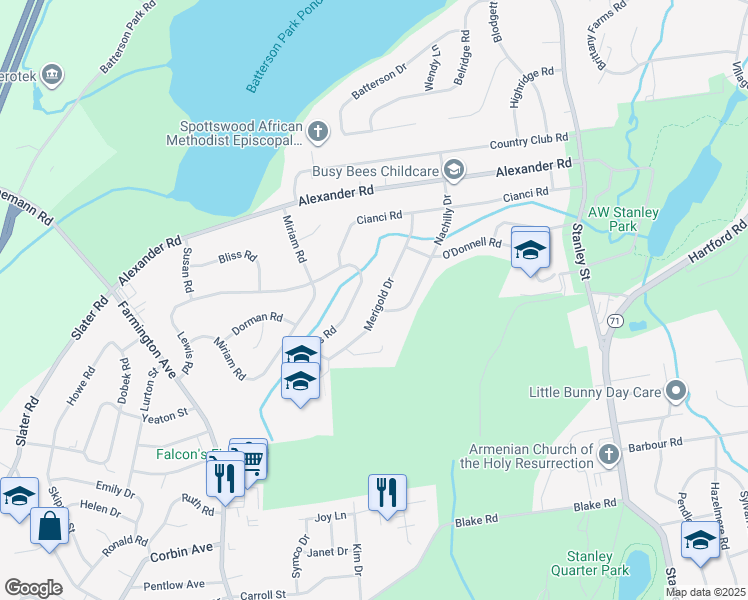 map of restaurants, bars, coffee shops, grocery stores, and more near 111 Merigold Drive in New Britain