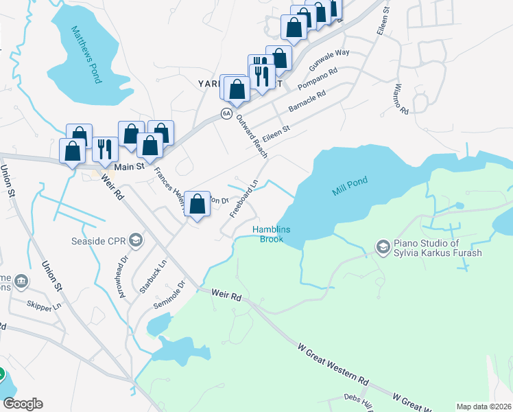 map of restaurants, bars, coffee shops, grocery stores, and more near 18 Brattle Drive in Yarmouth