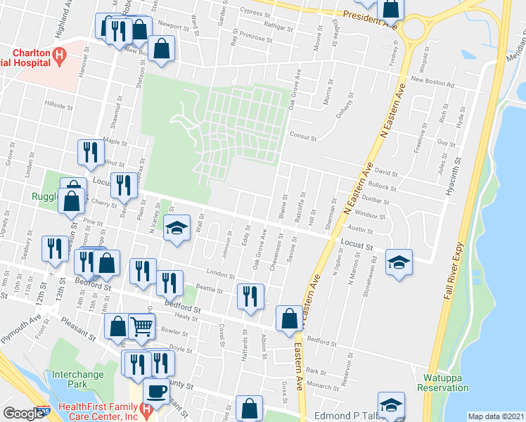 map of restaurants, bars, coffee shops, grocery stores, and more near 368 Oak Grove Avenue in Fall River