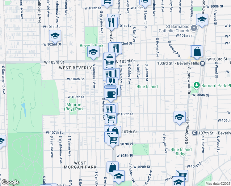 map of restaurants, bars, coffee shops, grocery stores, and more near 10433 South Western Avenue in Chicago