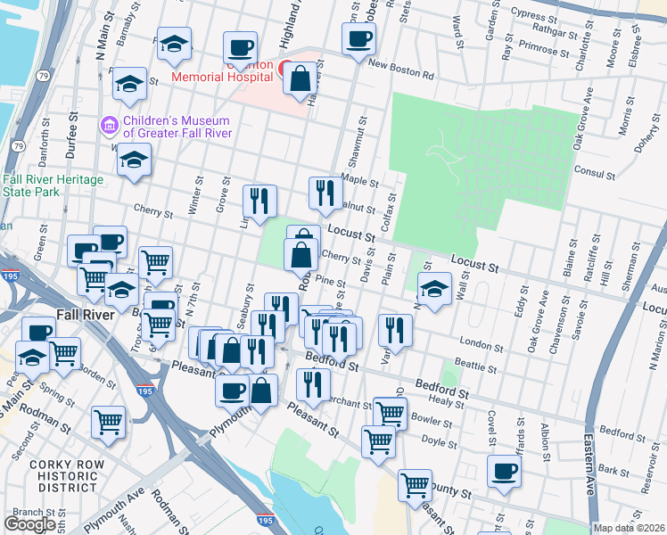 map of restaurants, bars, coffee shops, grocery stores, and more near 235 Tremont Street in Fall River