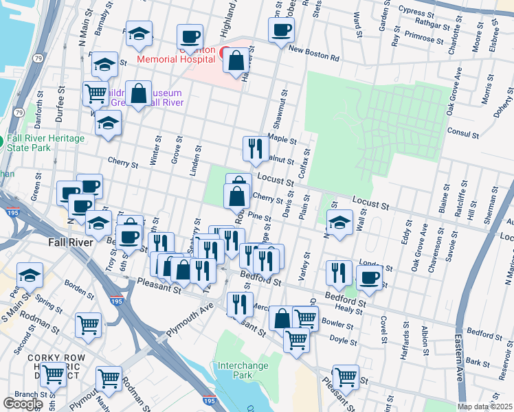 map of restaurants, bars, coffee shops, grocery stores, and more near 235 Tremont Street in Fall River
