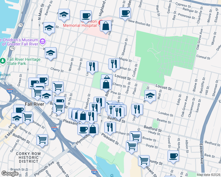 map of restaurants, bars, coffee shops, grocery stores, and more near 235 Tremont Street in Fall River