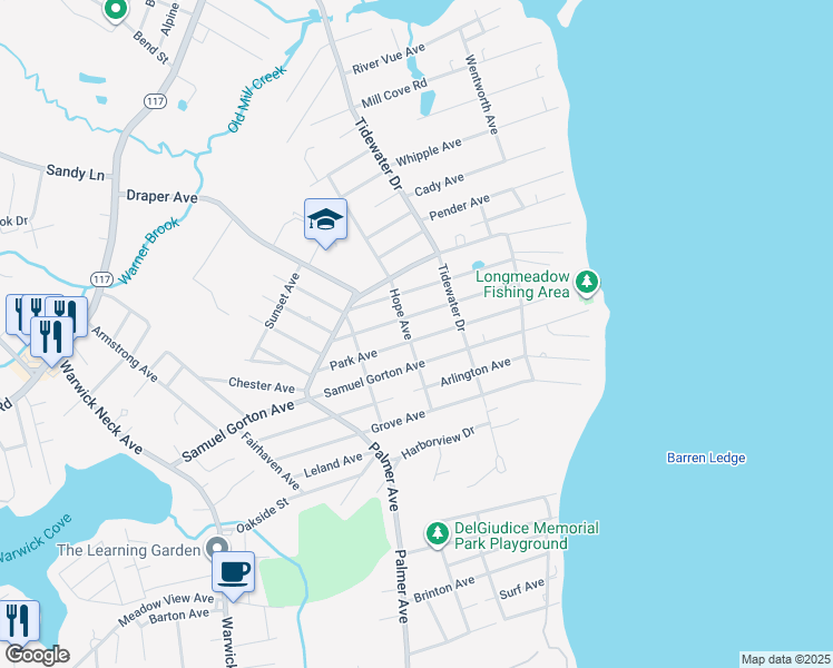 map of restaurants, bars, coffee shops, grocery stores, and more near 181 Park Avenue in Warwick