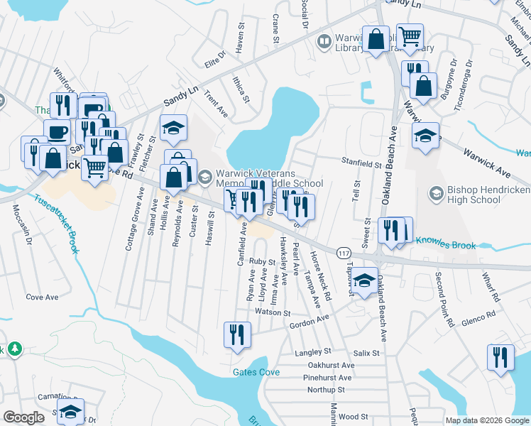 map of restaurants, bars, coffee shops, grocery stores, and more near 2291 West Shore Road in Warwick