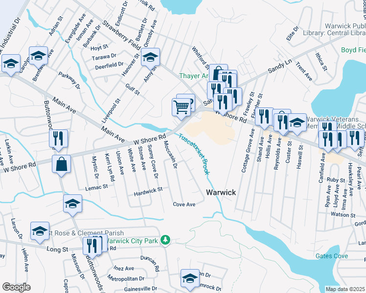 map of restaurants, bars, coffee shops, grocery stores, and more near 40 Cove Avenue in Warwick