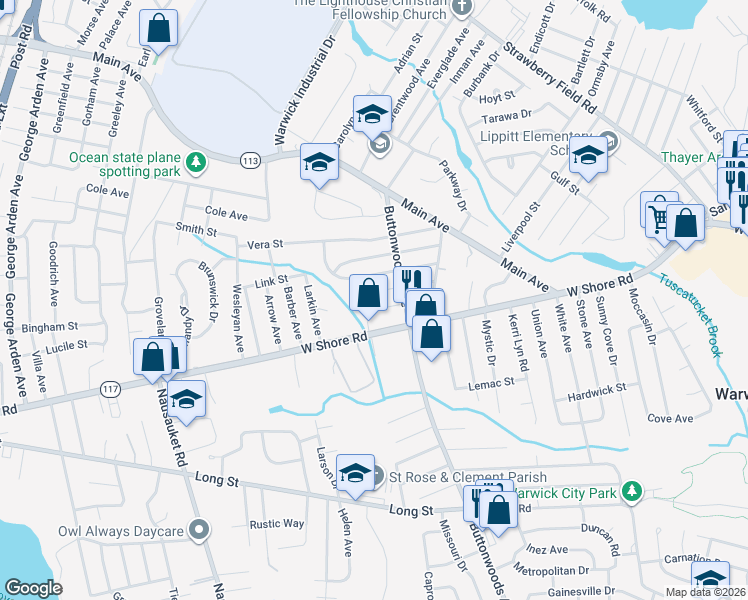 map of restaurants, bars, coffee shops, grocery stores, and more near 45 Wilmar Street in Warwick