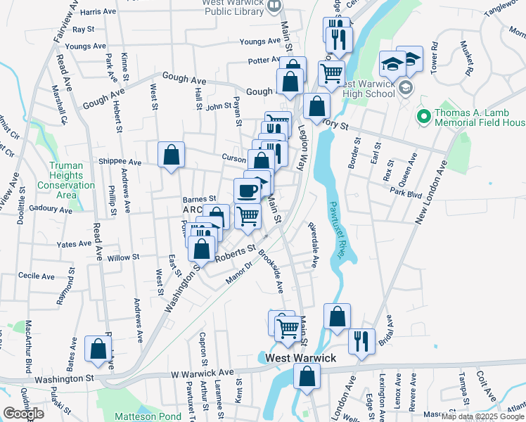 map of restaurants, bars, coffee shops, grocery stores, and more near 12 John Street in West Warwick