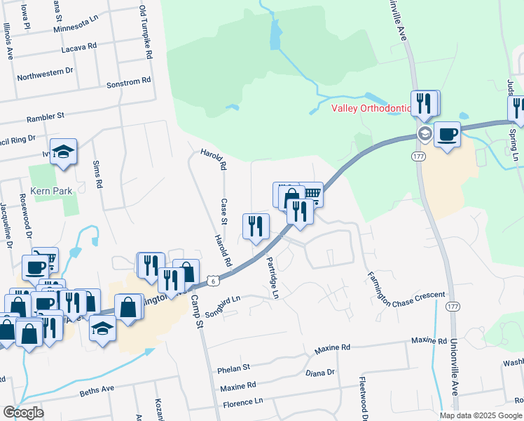 map of restaurants, bars, coffee shops, grocery stores, and more near 9 Winthrop Drive in Farmington
