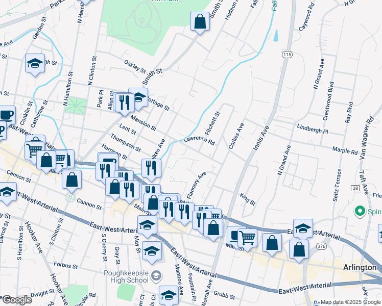 map of restaurants, bars, coffee shops, grocery stores, and more near 372 Mansion Street in Poughkeepsie
