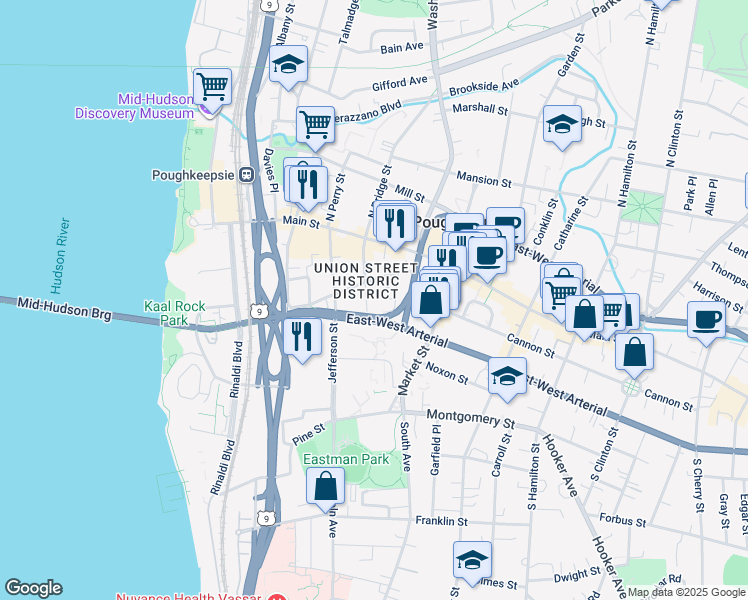 map of restaurants, bars, coffee shops, grocery stores, and more near 49 South Bridge Street in Poughkeepsie