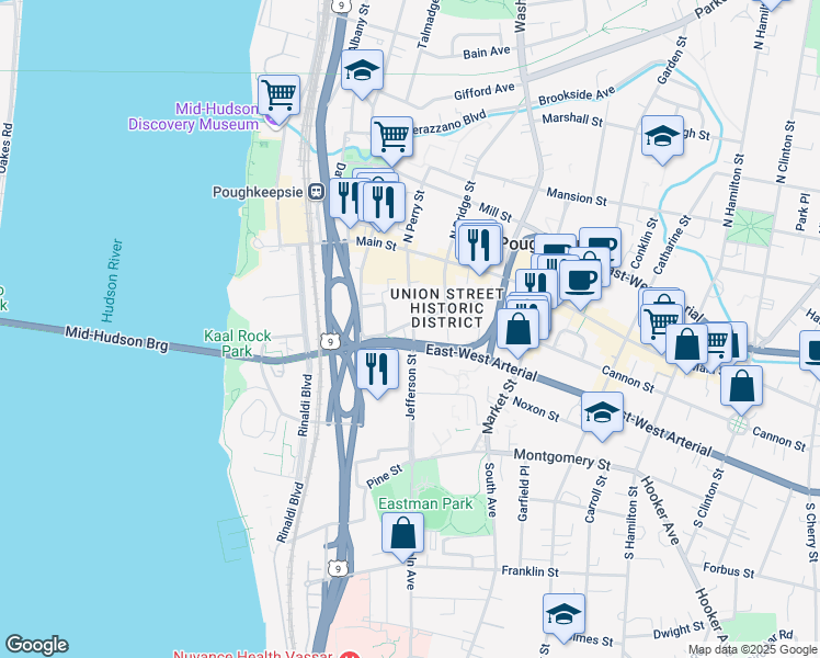 map of restaurants, bars, coffee shops, grocery stores, and more near 160 Union Street in Poughkeepsie