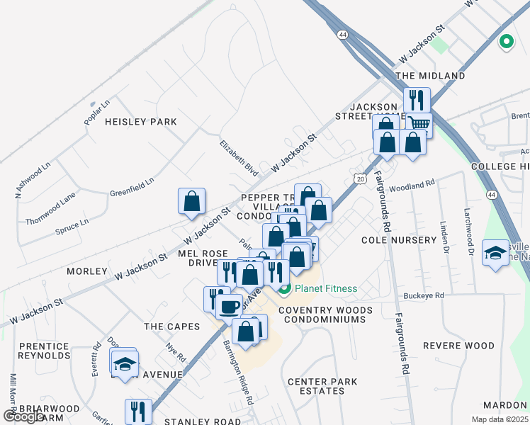 map of restaurants, bars, coffee shops, grocery stores, and more near 201 Peppertree Lane in Painesville