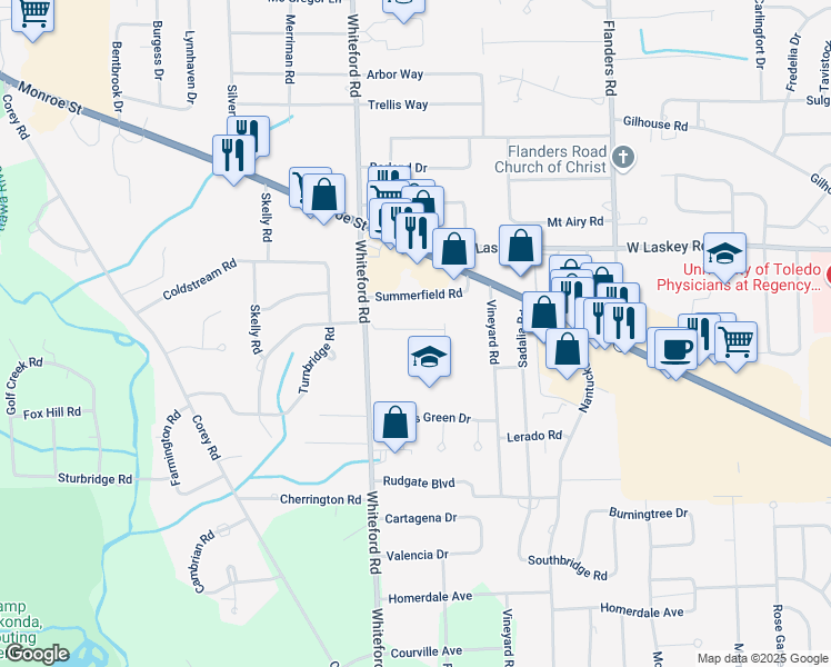 map of restaurants, bars, coffee shops, grocery stores, and more near 4828 Whiteford Road in Toledo