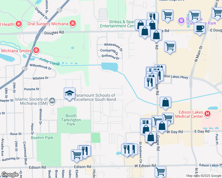 map of restaurants, bars, coffee shops, grocery stores, and more near 1099 Peacock Lane in Mishawaka