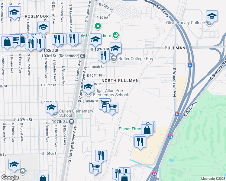 map of restaurants, bars, coffee shops, grocery stores, and more near 10524 South Maryland Avenue in Chicago