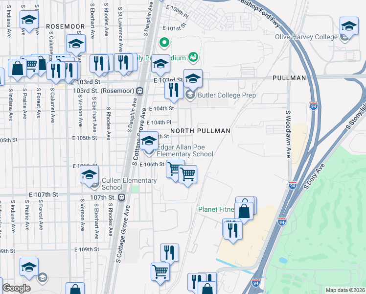 map of restaurants, bars, coffee shops, grocery stores, and more near 10524 South Maryland Avenue in Chicago