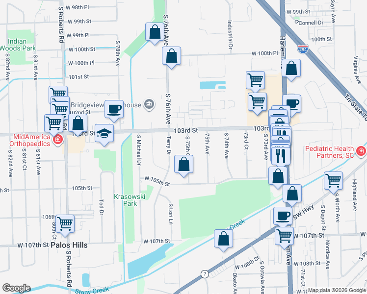 map of restaurants, bars, coffee shops, grocery stores, and more near 10330 South 75th Court in Palos Hills