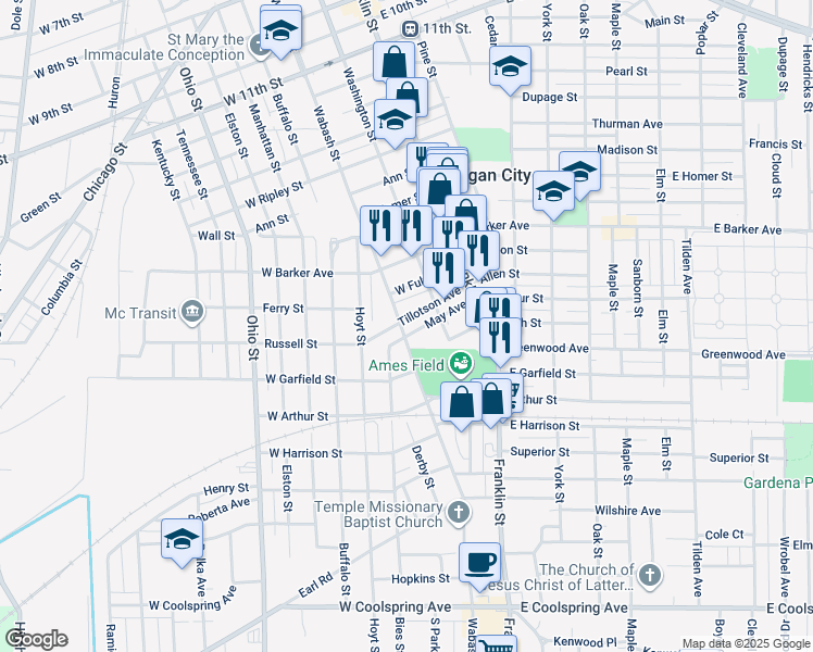 map of restaurants, bars, coffee shops, grocery stores, and more near 2102 Wabash Street in Michigan City