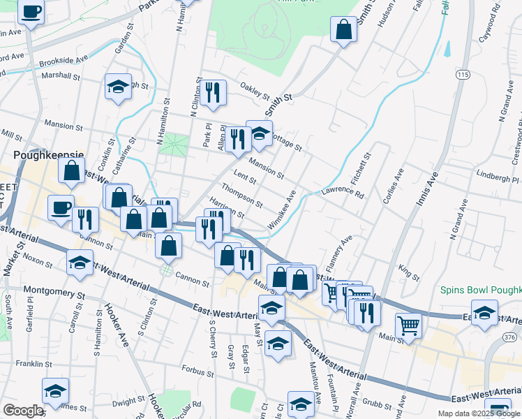 map of restaurants, bars, coffee shops, grocery stores, and more near 154 Thompson Street in Poughkeepsie