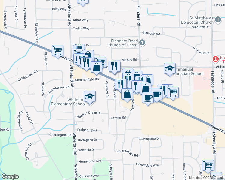 map of restaurants, bars, coffee shops, grocery stores, and more near 4809 Sadalia Road in Toledo