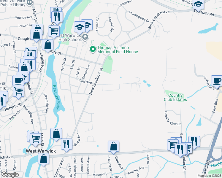 map of restaurants, bars, coffee shops, grocery stores, and more near 44 Sophia Drive in Warwick