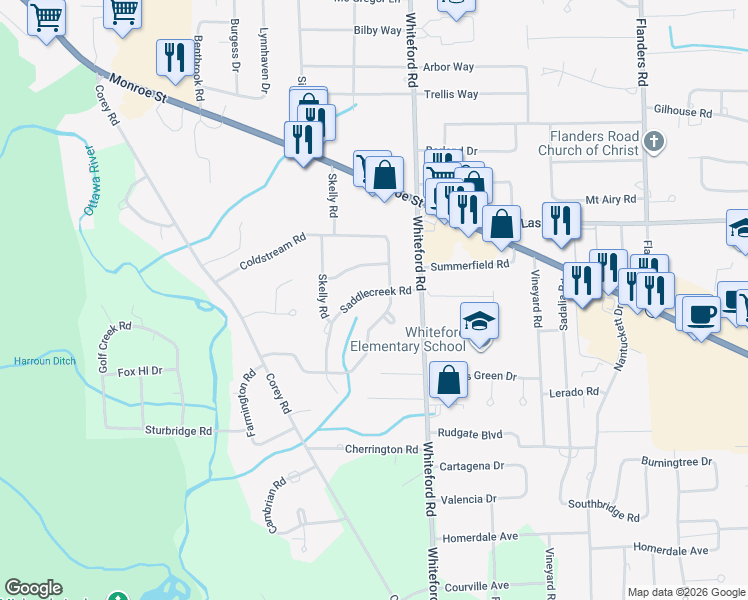 map of restaurants, bars, coffee shops, grocery stores, and more near 4835 Turnbridge Road in Toledo
