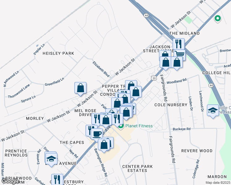 map of restaurants, bars, coffee shops, grocery stores, and more near 201 Peppertree Lane in Painesville