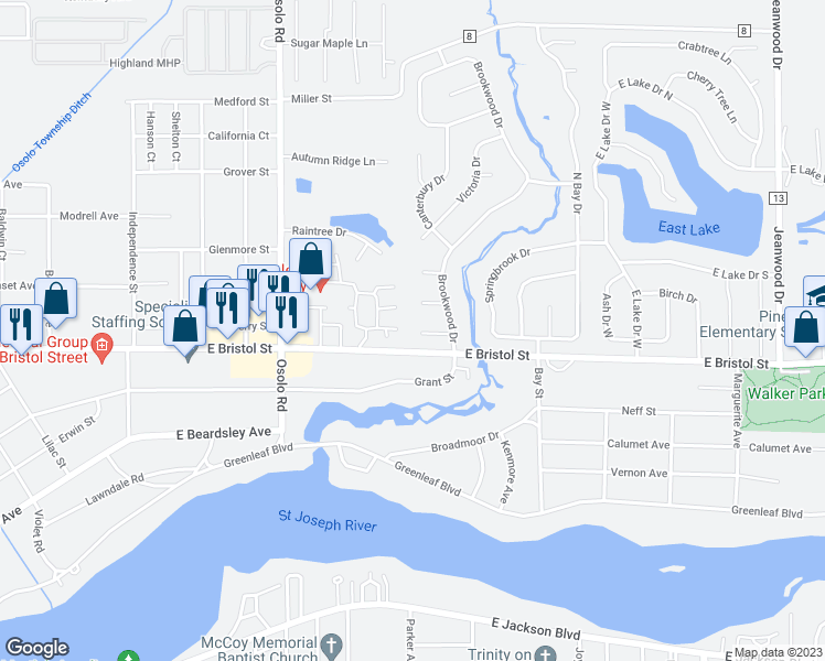 map of restaurants, bars, coffee shops, grocery stores, and more near 10 Essex Lane in Elkhart