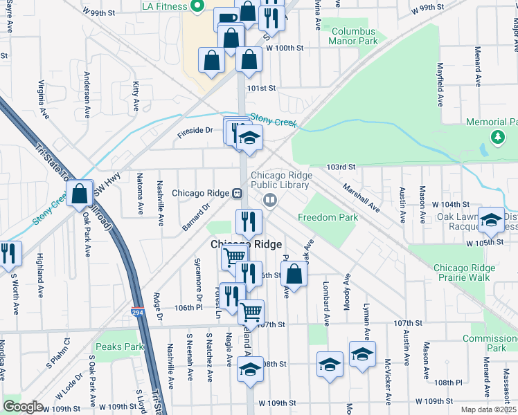 map of restaurants, bars, coffee shops, grocery stores, and more near 6348 Washington Street in Chicago Ridge