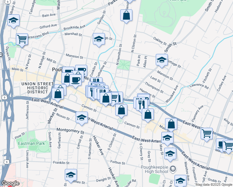 map of restaurants, bars, coffee shops, grocery stores, and more near 369 Mill Street in Poughkeepsie