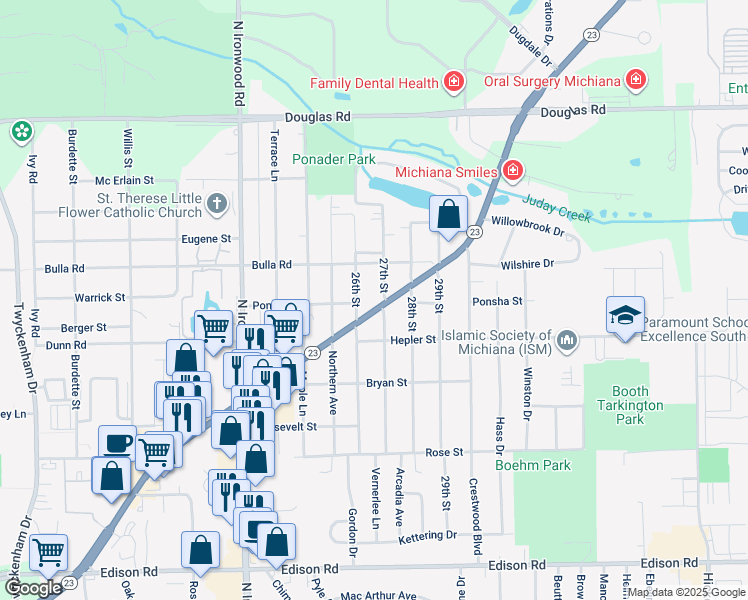 map of restaurants, bars, coffee shops, grocery stores, and more near 17763 Indiana 23 in South Bend