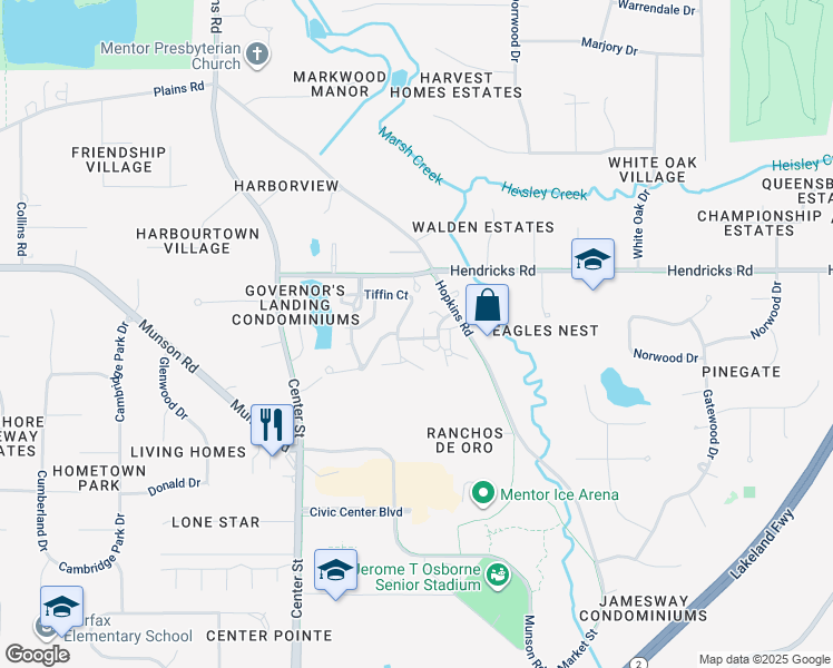 map of restaurants, bars, coffee shops, grocery stores, and more near 6031 Weymouth Drive in Mentor