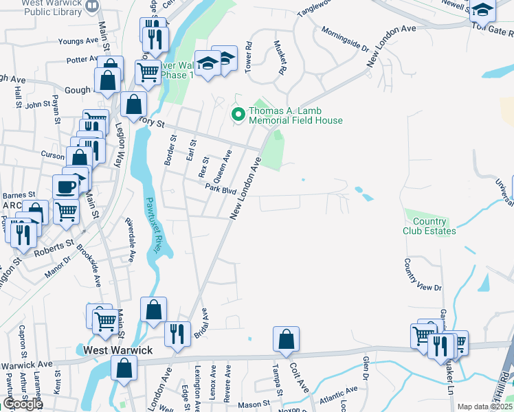 map of restaurants, bars, coffee shops, grocery stores, and more near 11 Sophia Drive in Warwick