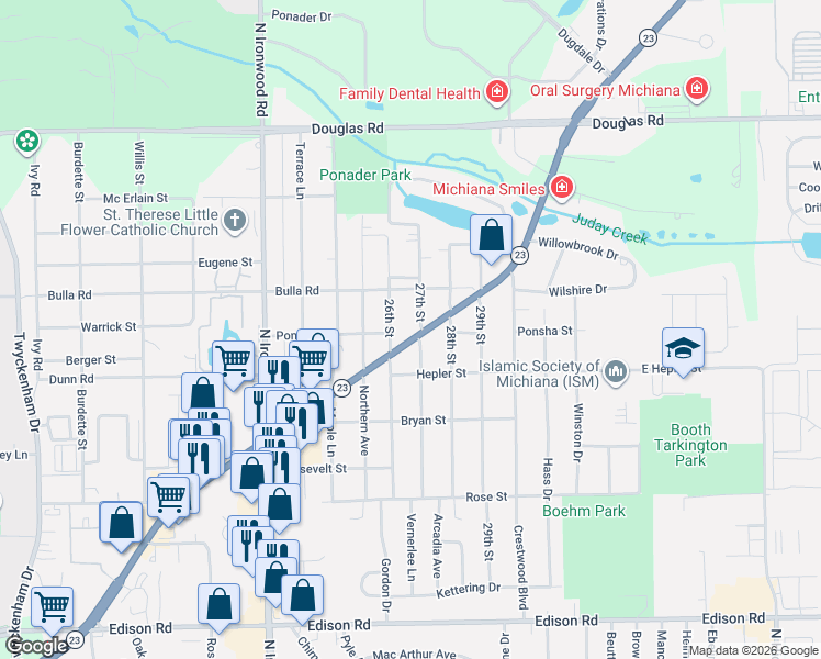 map of restaurants, bars, coffee shops, grocery stores, and more near 17763-17771 Indiana 23 in South Bend