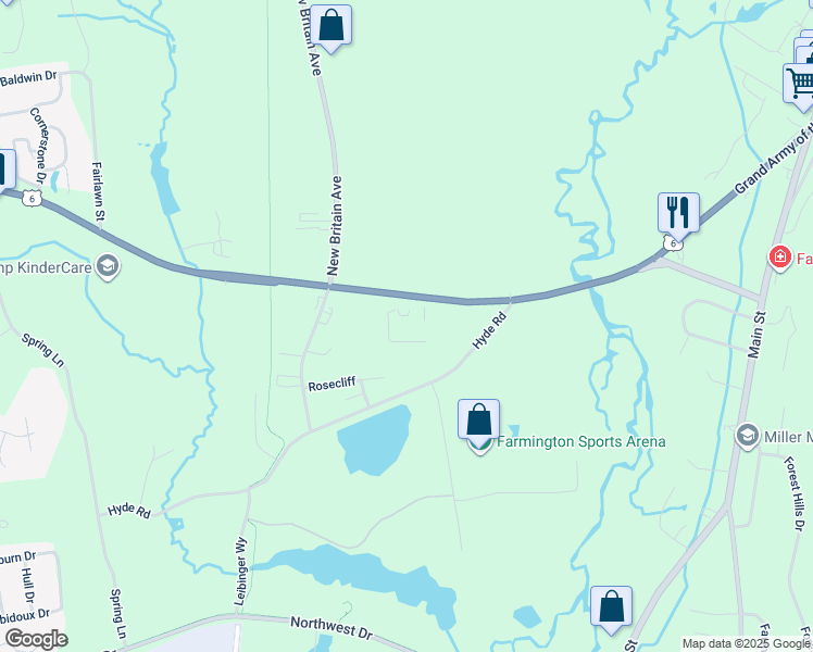 map of restaurants, bars, coffee shops, grocery stores, and more near 111 Scott Swamp Road in Farmington