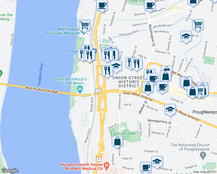 map of restaurants, bars, coffee shops, grocery stores, and more near 65 South Clover Street in Poughkeepsie